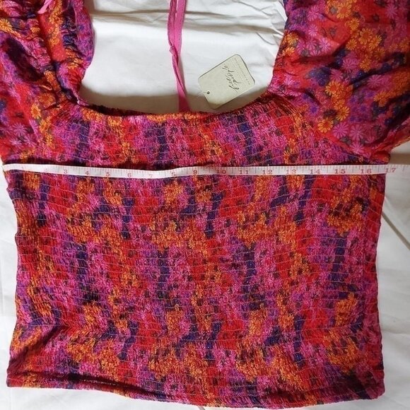 Fairycore Crop Top Smocked Puff Sleeve Vibrant Floral XL - Picture 11 of 11